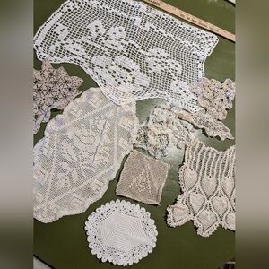 12 pc Vintage Lot of Crocheted Doilies & Pieces Cream, Beige, White